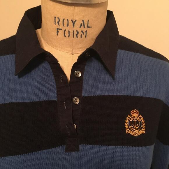 Lauren Ralph Blue Striped Crest Logo 100% Cotton Sweater L - Picture 2 of 7